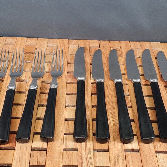 Vintage Bakelite-Handled Flatware Set – Elegant MCM Stainless Steel Black Handle - Picture 5 of 14